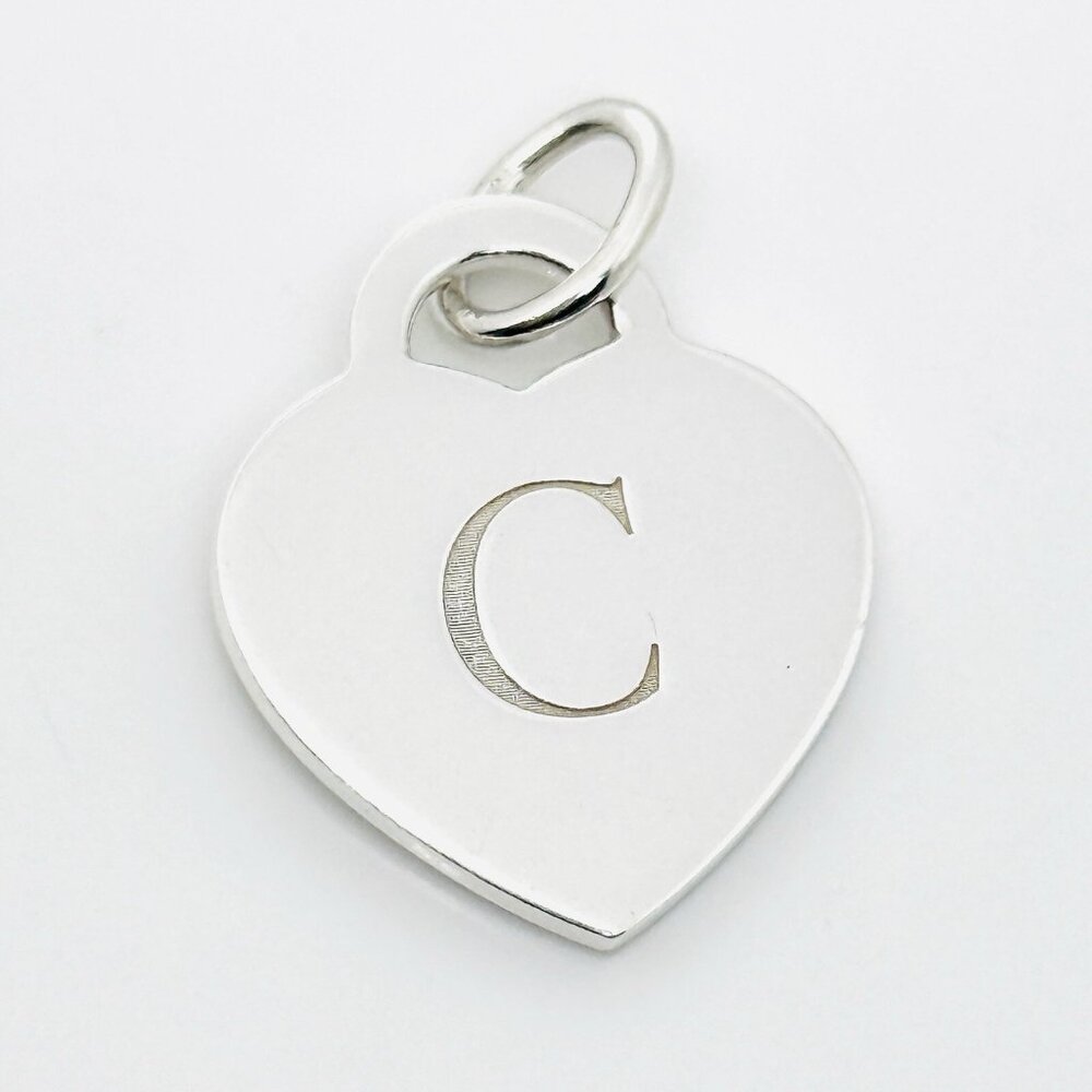 Tiffany Silver Letter C Alphabet Initial Heart Notes Engraved Charm Pendant